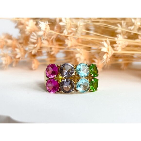 Multi Gemstone Pink Topaz, Peridot,  & Aquamarine Vintage Ring - sz 8 - Picture 7 of 10